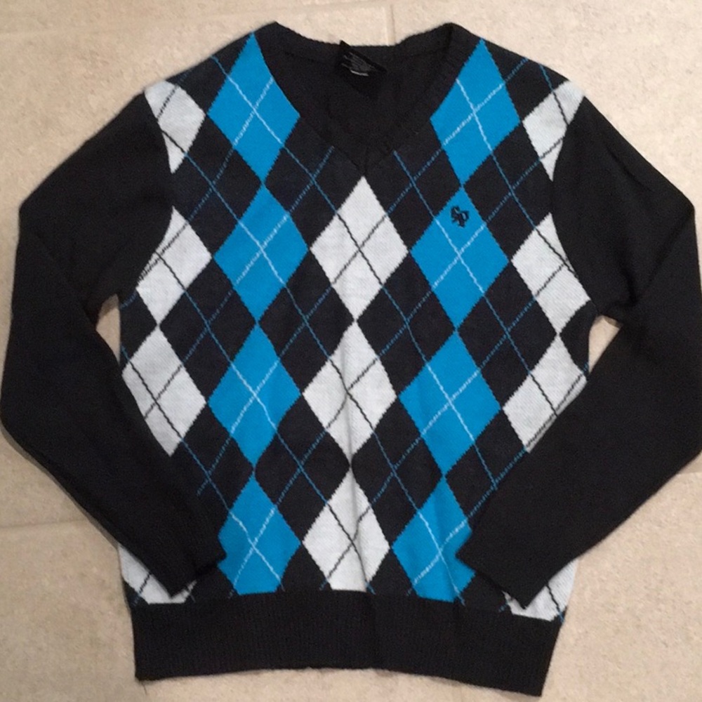 Blk/Blu/Wht Argyle SOUTHPOLE V-neck Sweater 8/10